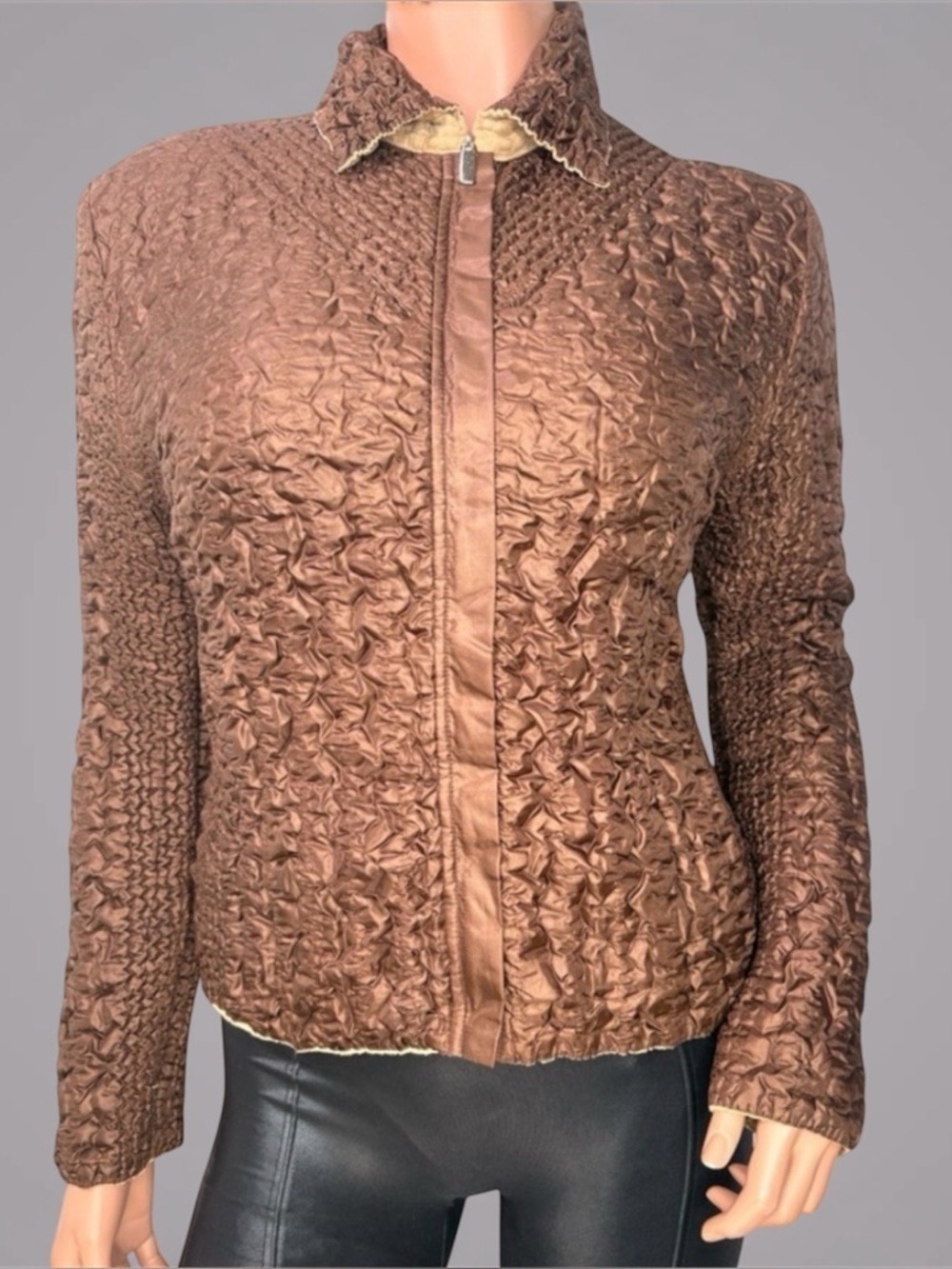 90s Mushroom Pleat Metallic Reversible Jacket M Goth Brown & Beige Bomber Jacket